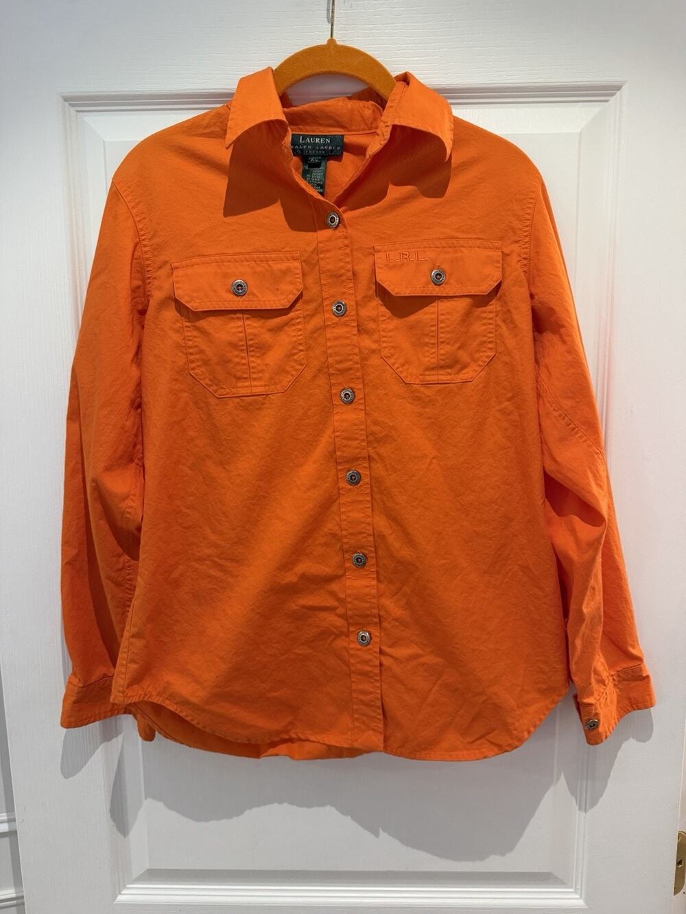Lauren Ralph Lauren Petite P/S Orange Utility Shirt Roll Tab Sleeve LRL Button